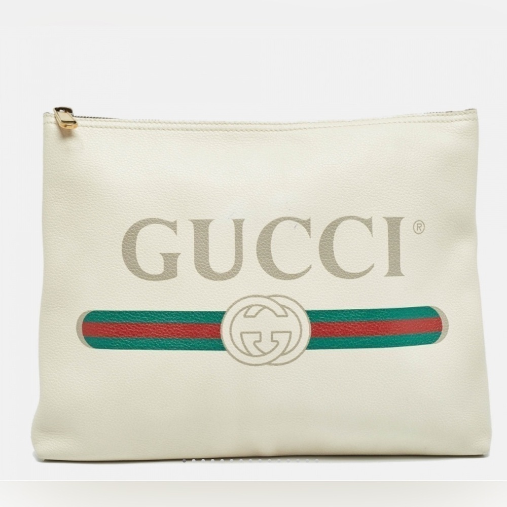 Gucci Cream Logo Zip Up Leather Suede Large Portfolio Pouch Clutch - Picture 1 of 16